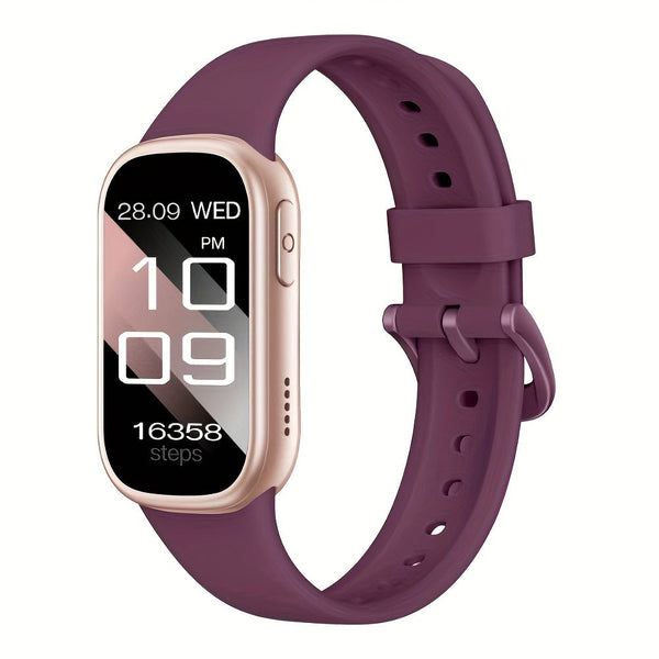 Paarse smartwatch met goudkleurige behuizing, stappenteller en digitaal display. Ideaal voor fitness en gezondheidstracking. Modern design.