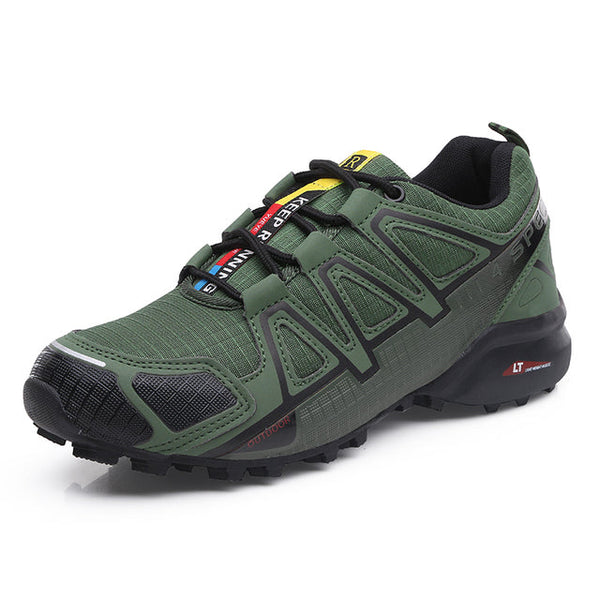 Groene wandelschoen voor heren, ademend en waterdicht, met stevige gripzool. Ideaal voor trekking en outdoor activiteiten.
