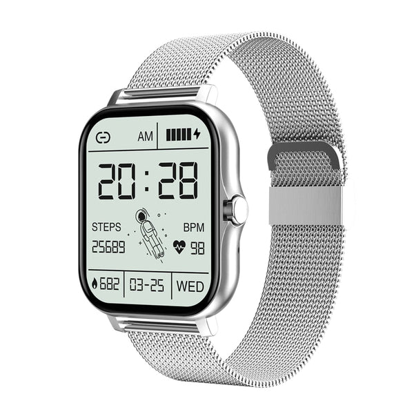 Moderne zilveren smartwatch met digitaal display, hartslagmeter, stappenteller en metalen band. Ideaal voor fitness en gezondheidstracking.