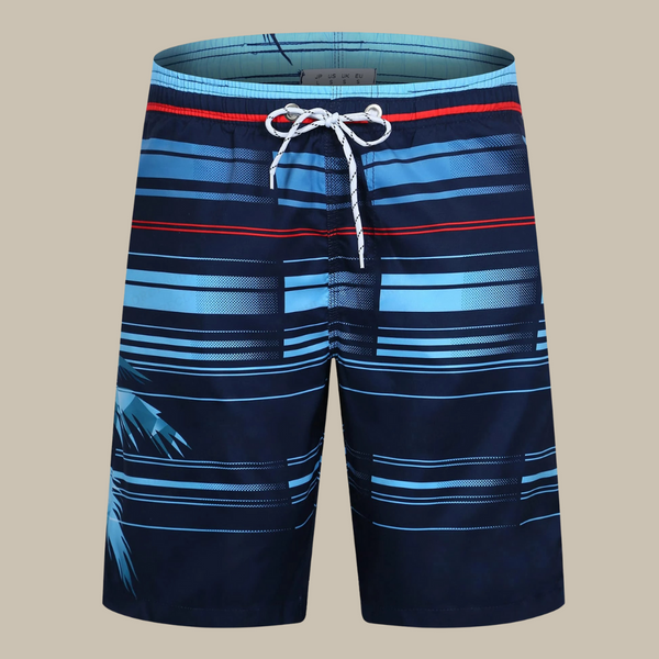 Donkerblauwe zwembroek met lichtblauwe en rode strepen, palmboomprint, en witte trekkoordsluiting. Perfect voor strand en zwembad.