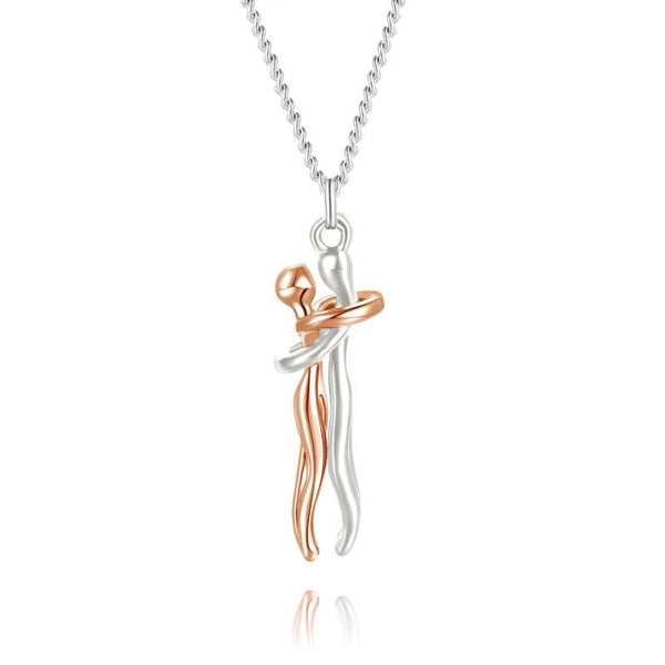 Zilveren ketting met hanger van omhelzend stel, roségoud en zilver, modern design, romantisch cadeau, sieraden voor geliefden.