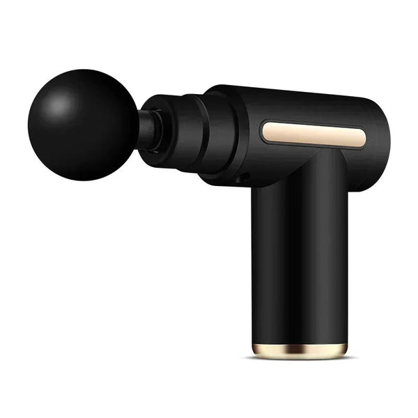 Zwarte massagepistool met gouden accenten, ergonomisch ontwerp, ideaal voor spierontspanning en herstel. Draagbaar en krachtig massageapparaat.