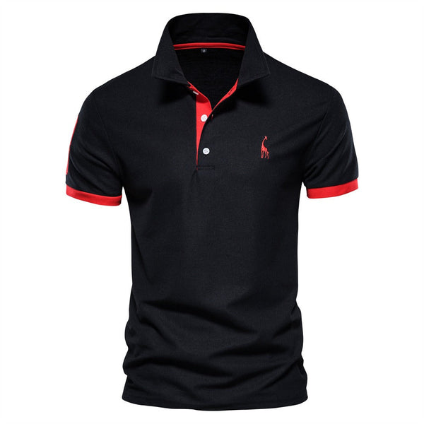 Zwarte katoenen polo met rode accenten, korte mouwen en geborduurd logo. Stijlvolle herenkleding, perfect voor casual en formele gelegenheden.