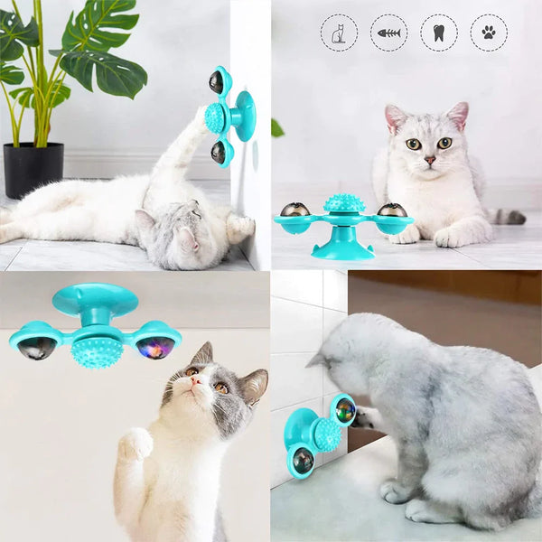 Katten spelen met interactieve blauwe kattenspeelgoedspinner met zuignap en bel, ideaal voor mentale stimulatie en beweging binnenshuis.