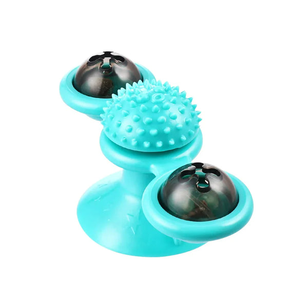 Turquoise kattenspeeltje met zuignap, draaiende ballen en stekelige textuur voor interactief spel en tandverzorging. Geschikt voor katten van alle leeftijden.