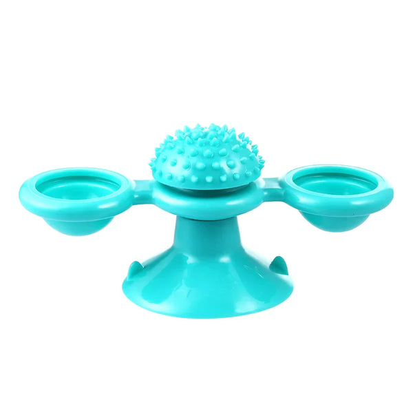 Turquoise interactieve kattenspeelgoed met zuignap, draaiende armen en textuur voor tandverzorging. Ideaal voor kattenvermaak en gebitsgezondheid.