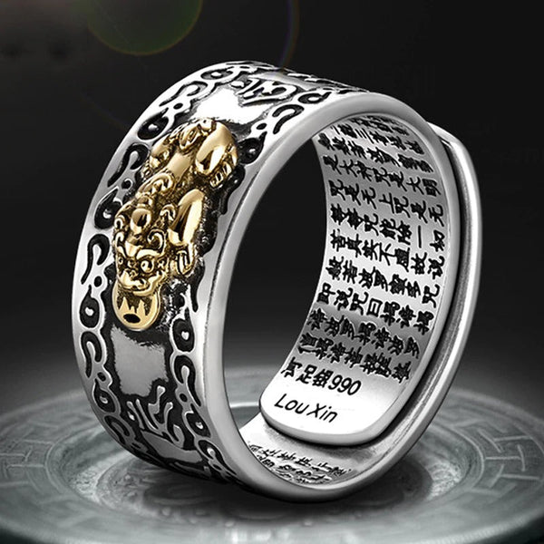 Zilveren ring met gouden draakontwerp en Chinese karakters, LouXin merk, sieraden, luxe, unisex, verstelbaar, 990 zilver, cultureel geïnspireerd.