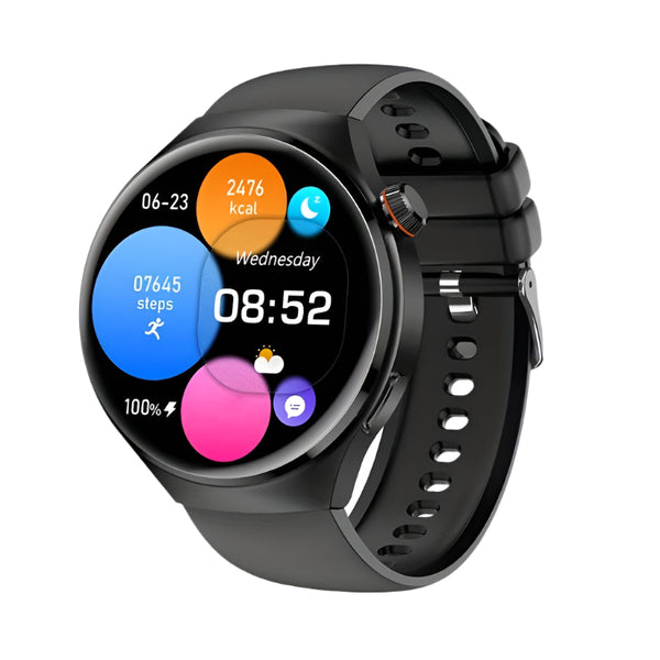 Zwarte smartwatch met rond display, gezondheids- en fitnessfuncties, stappenteller, calorieën, datum en tijd. Modern ontwerp, sportief horloge.