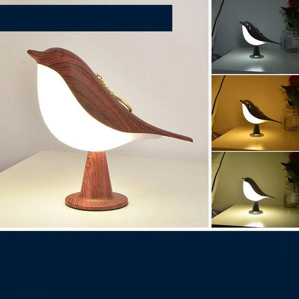 Moderne houten vogel tafellamp met LED-verlichting, minimalistisch design, warm wit licht, ideaal voor slaapkamer of woonkamer decoratie.