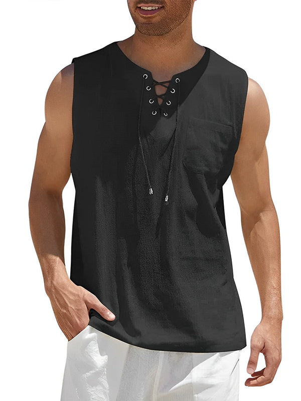 Mouwloos zwart heren T-shirt met veterhals en borstzak, ideaal voor casual zomeroutfits. Comfortabele pasvorm, perfect voor warme dagen.