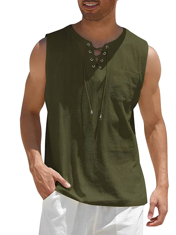 Mouwloos groen heren T-shirt met veterhals en borstzak, ideaal voor zomerse casual outfits. Comfortabele pasvorm, perfect voor strand- of vrijetijdskleding.