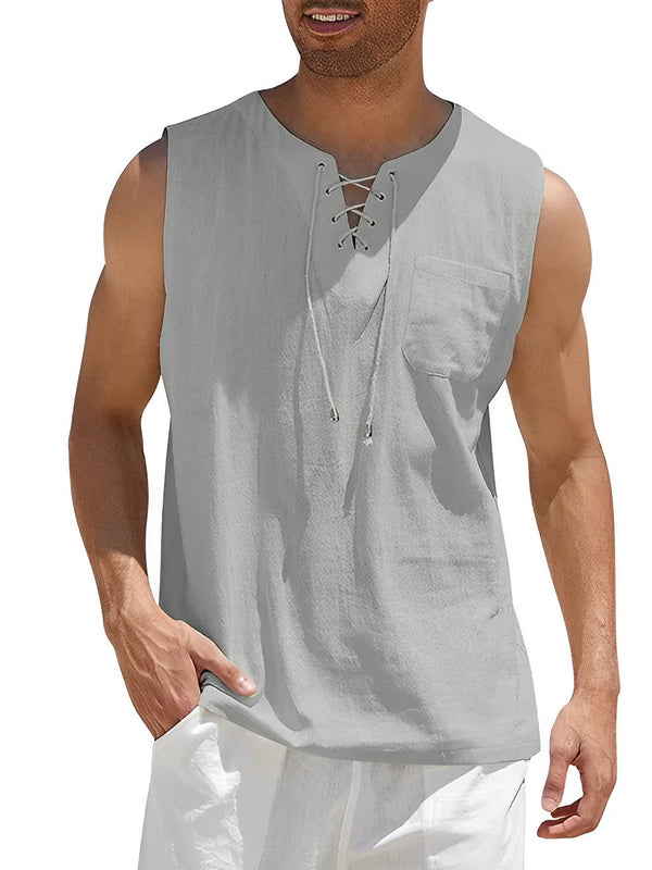 Mouwloos herenhemd met veterkraag, lichtgrijs, casual zomerstijl, ideaal voor strandmode. Comfortabel en stijlvol voor warme dagen.