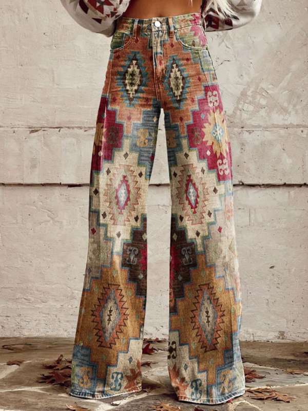 Vintage boho wijde broek met kleurrijk Azteeks patroon, damesmode, etnische print, casual stijl, herfstkleding, trendy en comfortabel.