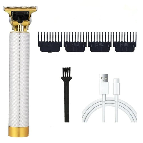 Gouden tondeuse met vier opzetkammen, reinigingsborstel en USB-oplaadkabel. Professionele haartrimmer set voor mannen.