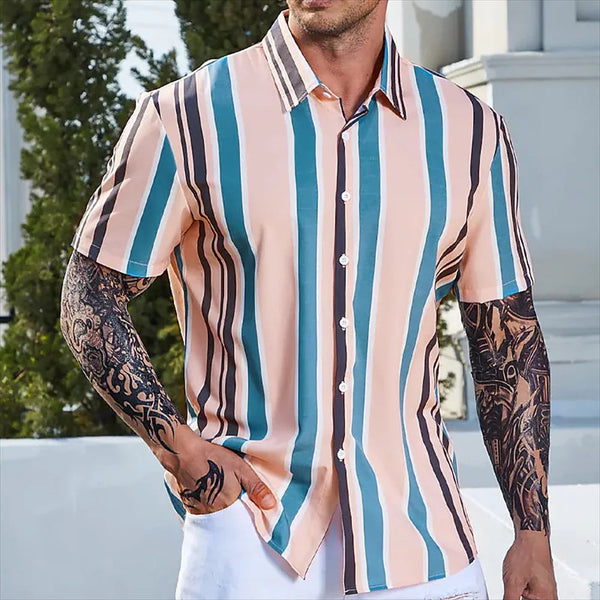 Gestreept overhemd met korte mouwen voor heren, pastelkleuren, zomermode, casual stijl, geschikt voor dagelijks gebruik, trendy en comfortabel.