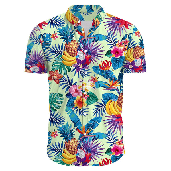Heren Hawaiian overhemd met kleurrijke tropische bloemen en fruitprint, korte mouwen, casual zomermode, perfect voor strandvakanties.
