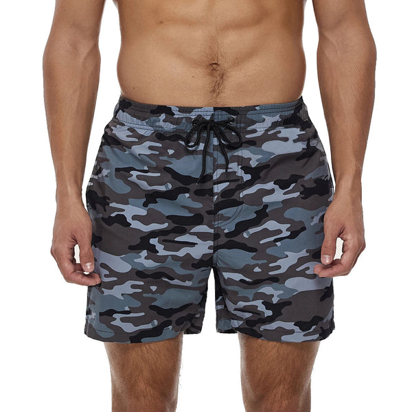 Camouflage zwembroek voor heren, blauwgrijs patroon, elastische tailleband met trekkoord, comfortabel en stijlvol voor strand en zwembad.