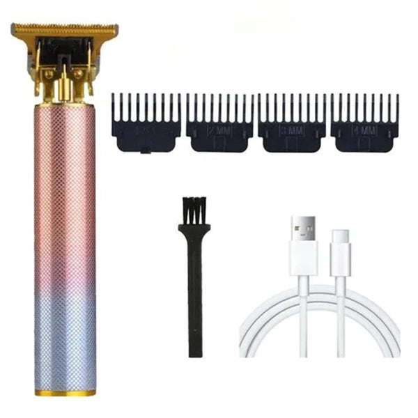 Professionele draadloze tondeuse set met vier opzetkammen, USB-oplaadkabel en reinigingsborstel. Ideaal voor precisiehaarverzorging.