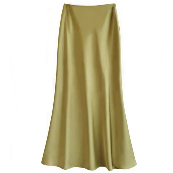 Lange satijnen rok in olijfgroen, elegant en vloeiend ontwerp, perfect voor modieuze dameskleding. Ideaal voor casual en formele gelegenheden.