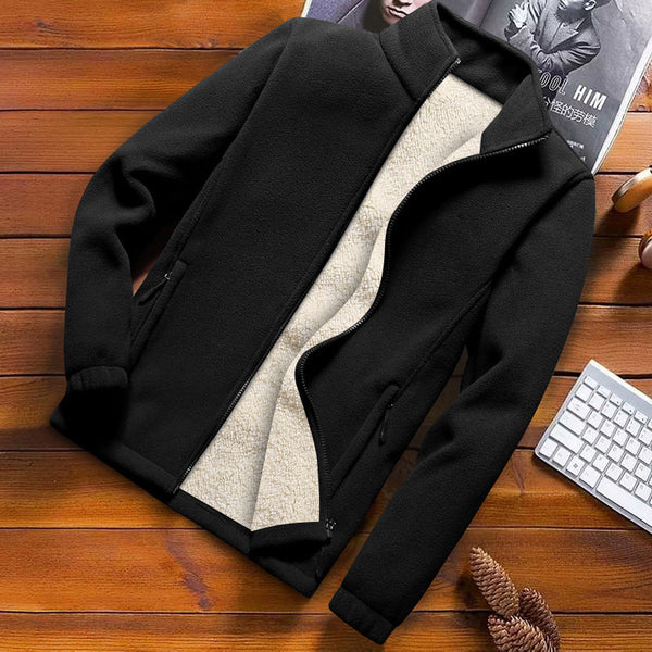 Zwarte fleece jas met ritssluiting en witte voering, stijlvol en warm, ideaal voor herfst en winter. Perfecte herenjassen, casual en comfortabel.