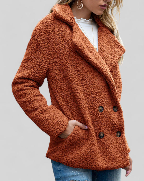 Oranje teddyjas voor dames, dubbele knopen, modieuze herfst- en winterkleding, comfortabele en warme stof, casual stijl, ideaal voor dagelijks gebruik.