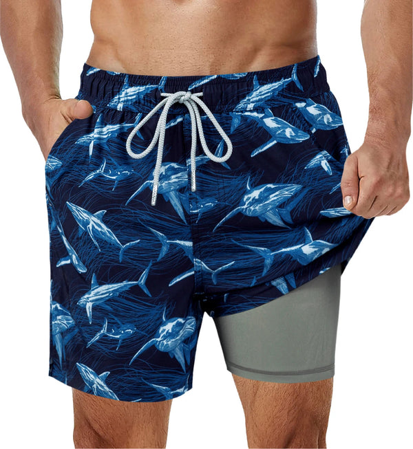 Blauwe zwembroek met haaienprint voor heren, verstelbare tailleband, comfortabele pasvorm, ideaal voor strand en zwembad, modieuze zwemkleding.