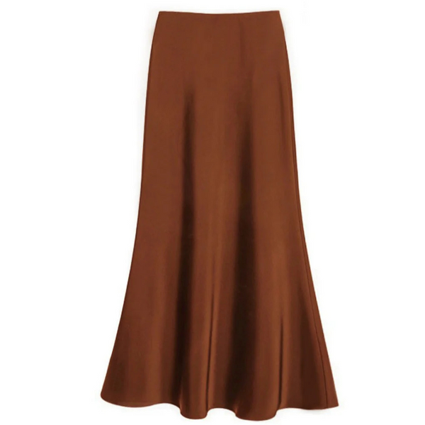 Bruine satijnen maxi-rok, vloeiend ontwerp, elegante damesmode, perfect voor herfst- en winteroutfits, stijlvolle en veelzijdige kleding.