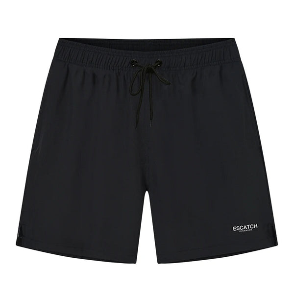 Zwarte heren zwemshorts met elastische tailleband en trekkoord, merknaam ESCATCH. Ideaal voor strand en zwembad. Comfortabele pasvorm.