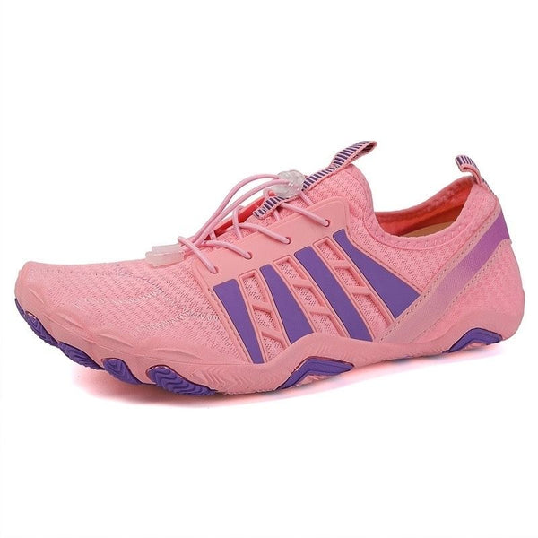 Roze en paarse sportschoen met ademend mesh, elastische veters en antislipzool. Ideaal voor hardlopen en fitness. Comfortabel en stijlvol ontwerp.