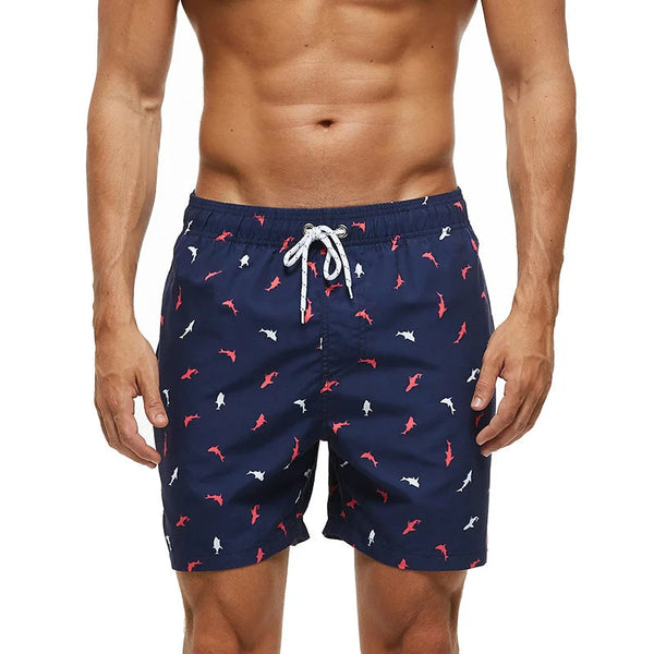 Donkerblauwe zwembroek met haaienprint, witte trekkoordsluiting, herenmode, zomerkleding, strandkleding, casual zwemshorts.