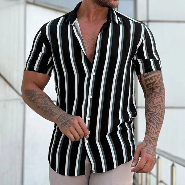 Zwart-wit gestreept overhemd voor heren, korte mouwen, casual stijl, ideaal voor zomer, modetrend, comfortabele pasvorm, geschikt voor dagelijks gebruik.