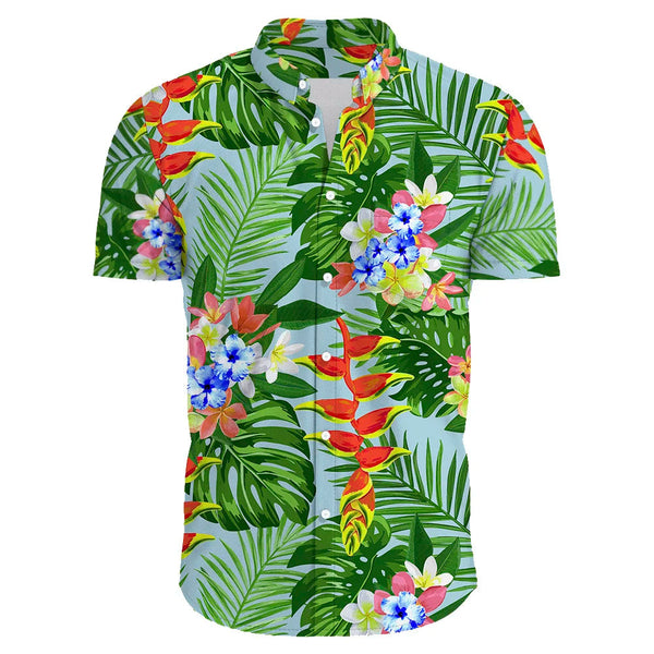 Heren Hawaii overhemd met kleurrijke bloemenprint, tropische bladeren, korte mouwen, knoopsluiting. Perfect voor zomerse strandmode.