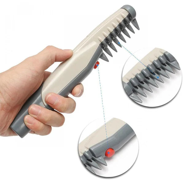 Elektrische vlooienkam voor huisdieren, grijs en wit, met close-up van metalen tanden en rode knop. Ideaal voor honden en kattenverzorging.