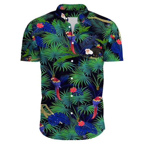 Herenoverhemd met tropische print, papegaaien en bladeren, korte mouwen, knoopsluiting, kleurrijk design, perfect voor zomerse casual outfits.