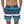 Man in gestreepte zwembroek met blauw, grijs en wit design, handen in zakken. Modieuze heren zwemkleding, strandkleding zomer 2023.