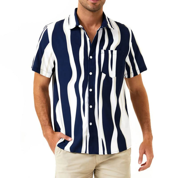 Blauw-wit gestreept overhemd voor heren, korte mouwen, casual stijl, zomermode, comfortabele pasvorm, ideaal voor dagelijks gebruik.