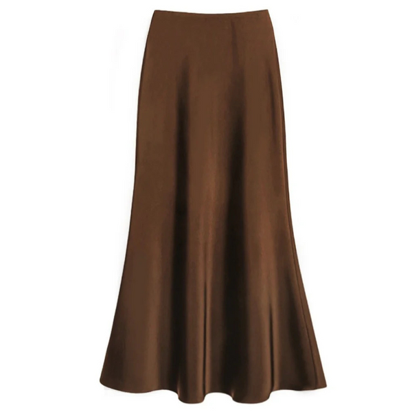 Bruine satijnen maxi-rok, elegant en vloeiend, perfect voor damesmode. Ideaal voor formele gelegenheden en stijlvolle outfits.