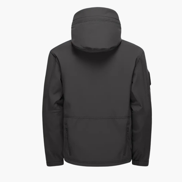 Donkergrijze softshell jas met capuchon, waterafstotend, winddicht, unisex ontwerp, ideaal voor outdoor activiteiten en dagelijks gebruik.