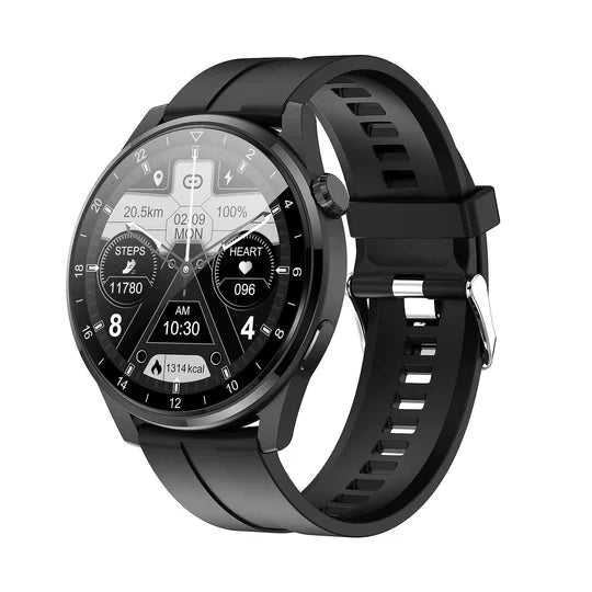 Zwarte smartwatch met rond display, fitness-tracker, hartslagmeter en stappenteller. Modern ontwerp, siliconen band, ideaal voor sport en gezondheid.