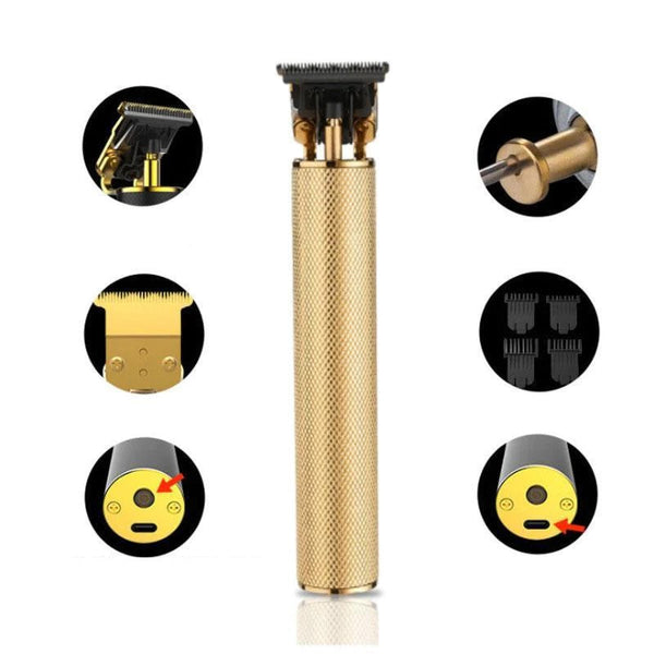 Gouden draadloze tondeuse met precisieblad, oplaadbaar via USB, geschikt voor professioneel en thuisgebruik. Inclusief verschillende opzetkammen.