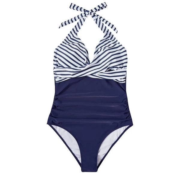 Marineblauw en wit gestreept halterbadpak voor dames, flatterend ontwerp, strandmode, zomercollectie, hoogwaardige zwemkleding.