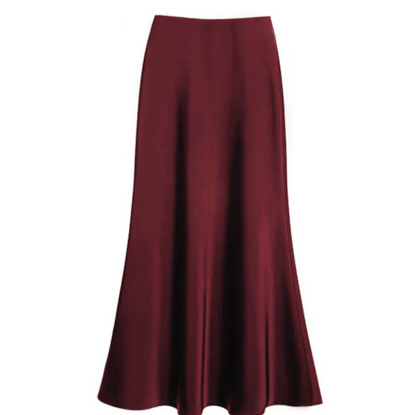 Bordeauxrode satijnen maxi-rok, elegant en vloeiend, perfect voor avondkleding. Luxe damesmode, stijlvolle lange rok voor speciale gelegenheden.