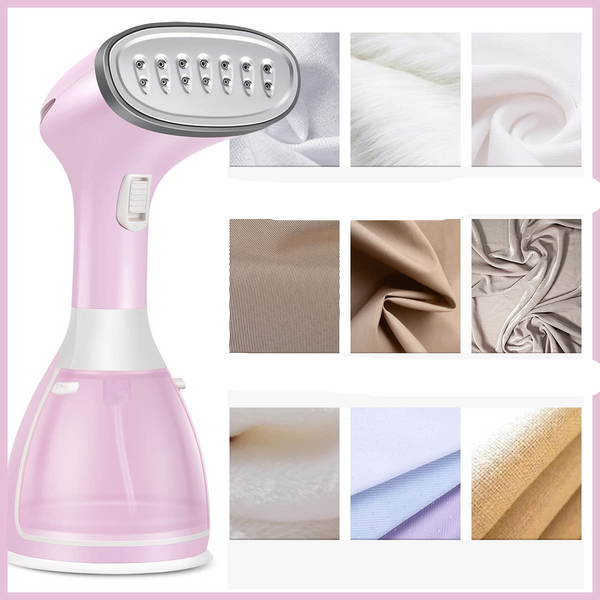 Roze draagbare kledingstomer met verschillende stoffen, ideaal voor snel kreukvrij maken van kleding. Compact ontwerp, effectief voor thuisgebruik.
