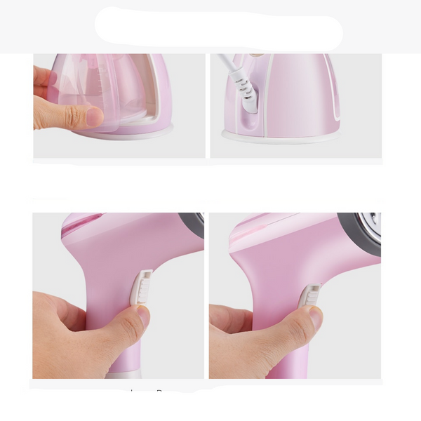 Roze draagbare kledingstomer met waterreservoir en stoomknop, ideaal voor snelle kreukelverwijdering. Compact en efficiënt voor thuisgebruik.