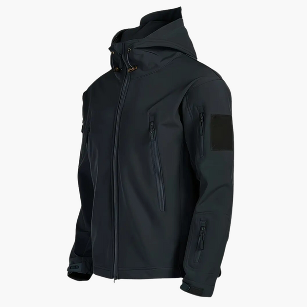 Donkerblauwe softshell jas met capuchon, waterdicht, meerdere zakken, verstelbare manchetten. Ideaal voor outdoor activiteiten en sport.