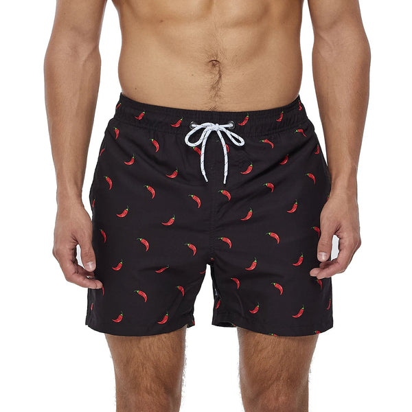 Zwarte zwembroek met rode chilipeperprint, herenmode, elastische tailleband, koordsluiting, zomerkleding, strandkleding.