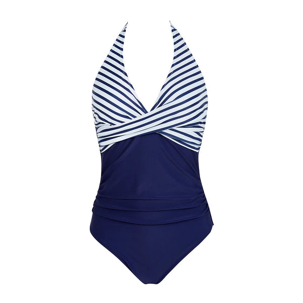Marineblauw badpak met halternek en gestreept patroon, elegant ontwerp, dames zwemkleding, strandmode, zomercollectie.