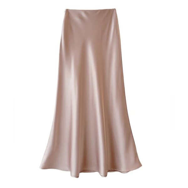 Zijdeachtige beige satijnen rok, vloerlengte, elegant en glanzend. Perfect voor formele gelegenheden en modieuze outfits. Luxe damesmode.