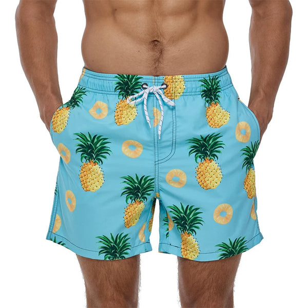 Heren zwemshorts met ananasprint, blauw, elastische tailleband, trekkoord, zomermode, strandkleding, tropisch design, casual zwemkleding.