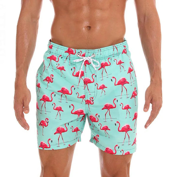 Turquoise zwembroek met roze flamingo's, herenmode, strandkleding, zomerse stijl, comfortabele pasvorm, trendy zwemshorts, opvallend design.